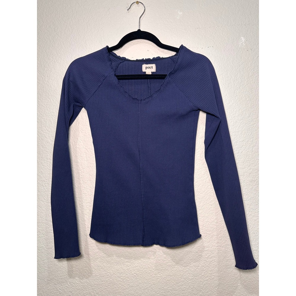 Pact Organic Cotton Ribbed Long Sleeve Top Navy Blue Lettuce Edge Size Medium